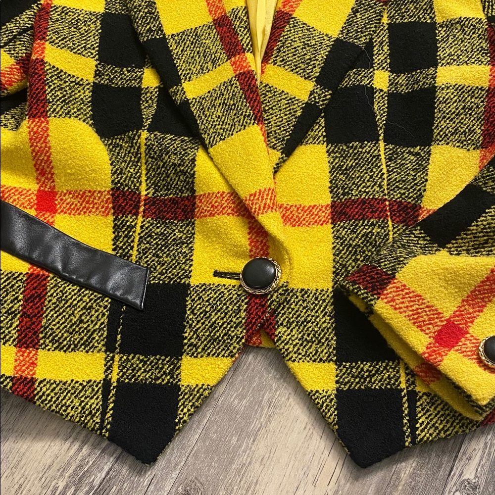 Vintage Suzelle Clueless Crop Yellow Plaid Tartan Wool Jacket Size 6 - Picture 4 of 10
